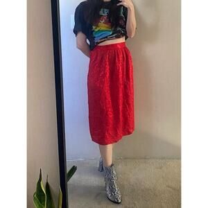 Argenti Vintage 90s Red Silk Floral Embossed High-waisted Midi Skirt Size XS / 6